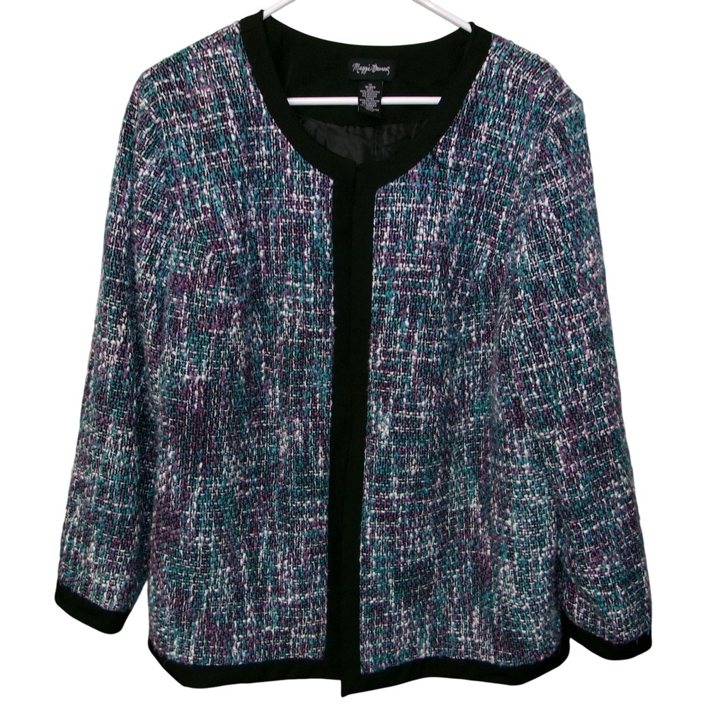 Maggie Barnes Womens 1X Purple Teal Tweed Open Front Jacket Blazer 18/20W